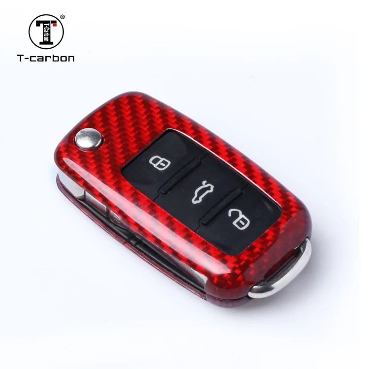 

T-carbon Glass Carbon Fiber Car Remote Key Case Cover Shell For Volkswagen, Red