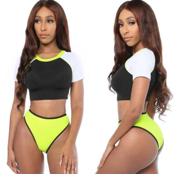 

YY3078 Solid color new high waist girl sexy swimwear neon bikini, As pictures