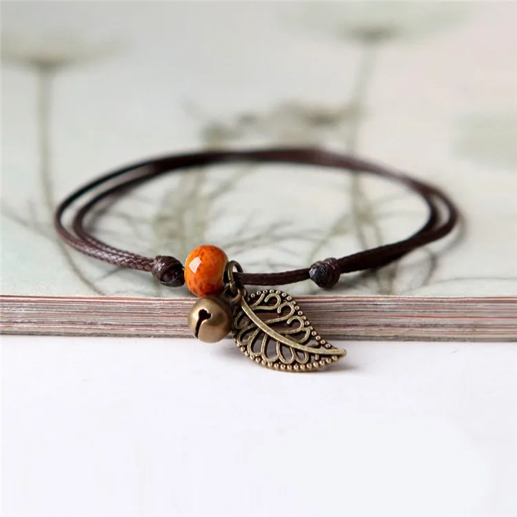 

Fashion Retro Tibetan Ceramic Bead Leaf Charm String Bracelet Bangle Handmade Wax Rope Bracelet  Women Girls Jewelry, As picture