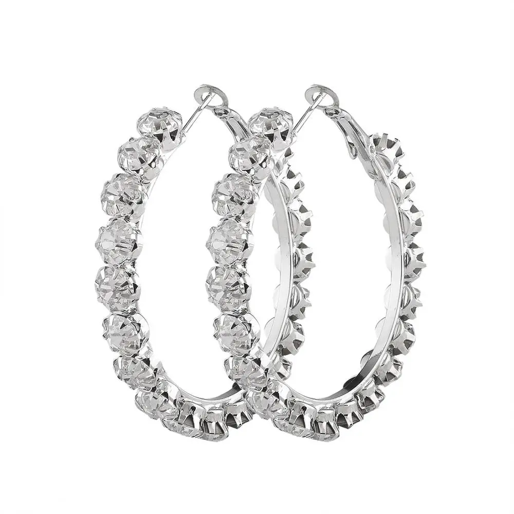 

High Quality Large Gold Plated Rhinestone 5cm Big Round Crystal Diamond Hoop Earrings, Gold;silver 5cm hoop earring