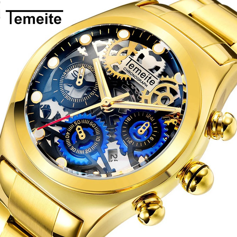 Top Brand TEMEITE Men Watch Luxury Fashion Gold Business Full Steel Quartz Wristwatches Waterproof Male Clock