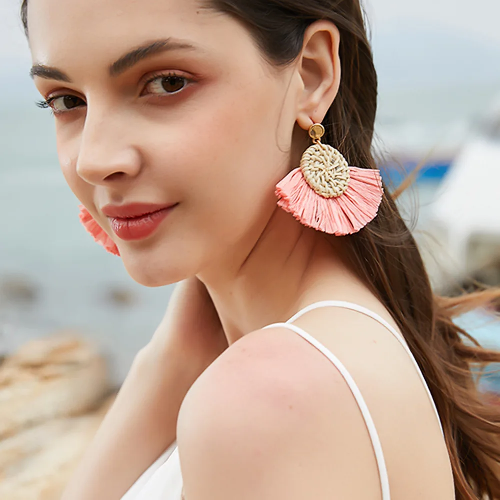 

Handmade Fashion Tassel Fan Shaped Rattan Lafite Bohemian Big Earrings
