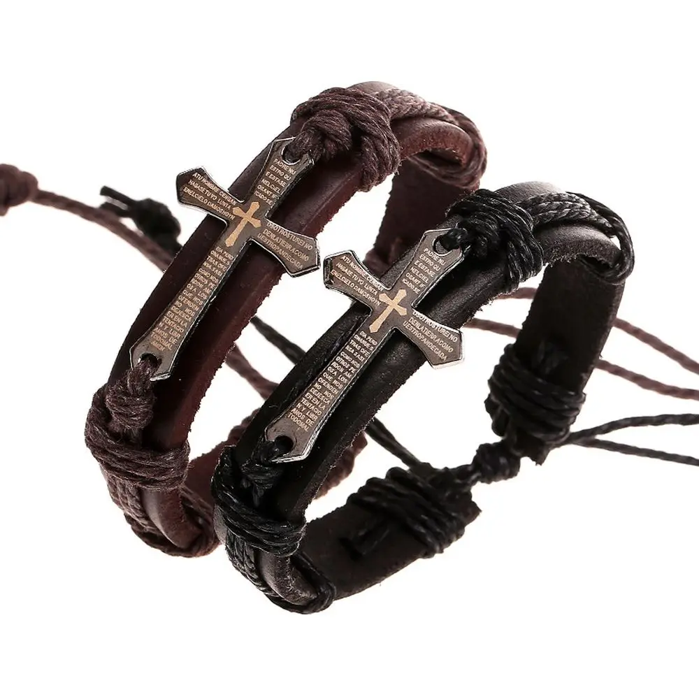 

Cheap Price New Fashion Cross Leather Bracelet For Men Women Jesus Christian Religious Bracelets Wholesale