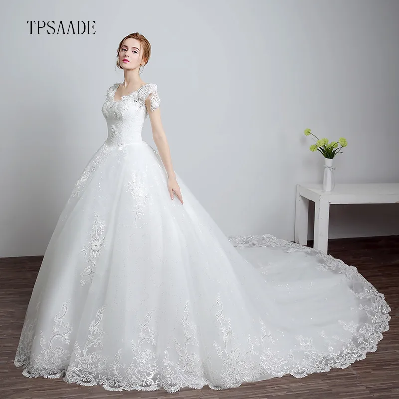 

White Appliques Lace Rhinestone beaded Bridal Ball Gown Short Sleeve Lace up Back Wedding Dress Vestido de novia 2020