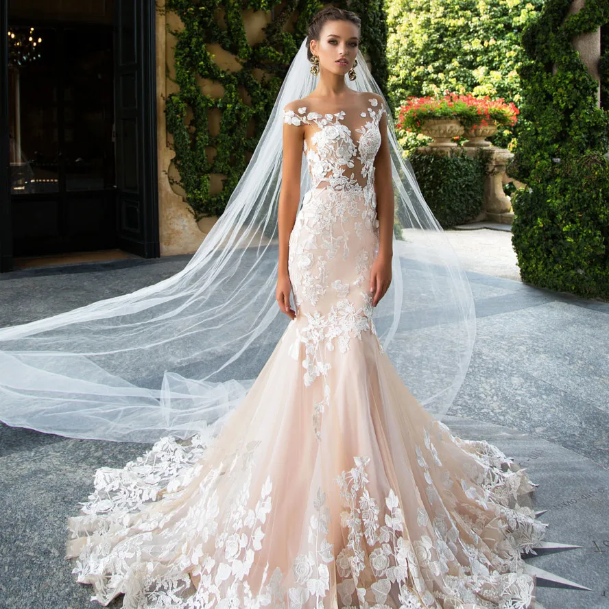 2019 Mermaid Wedding Dresses Sheer Neck Lace asa beading Appliques Illusion Bodices Bridal Gowns Wedding Gowns Vestido de noiva