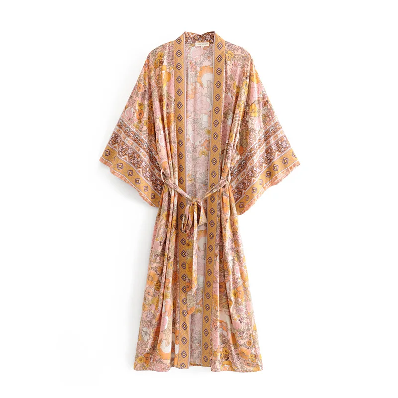 

Wide long sleeve bohemian dress woman summer rayon beach long cardigan kimono wear