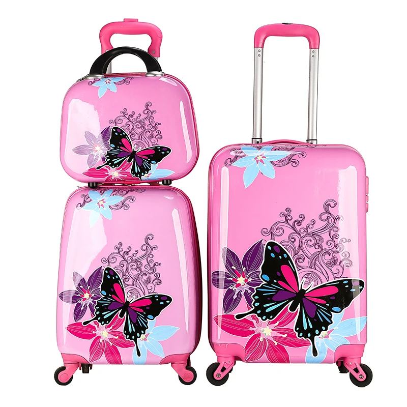 

China hard shell ABS PC hot sale 14 16 18 inch butterfly cartoon cute kids travelling trolley luggage suit cases school bags set, Pink