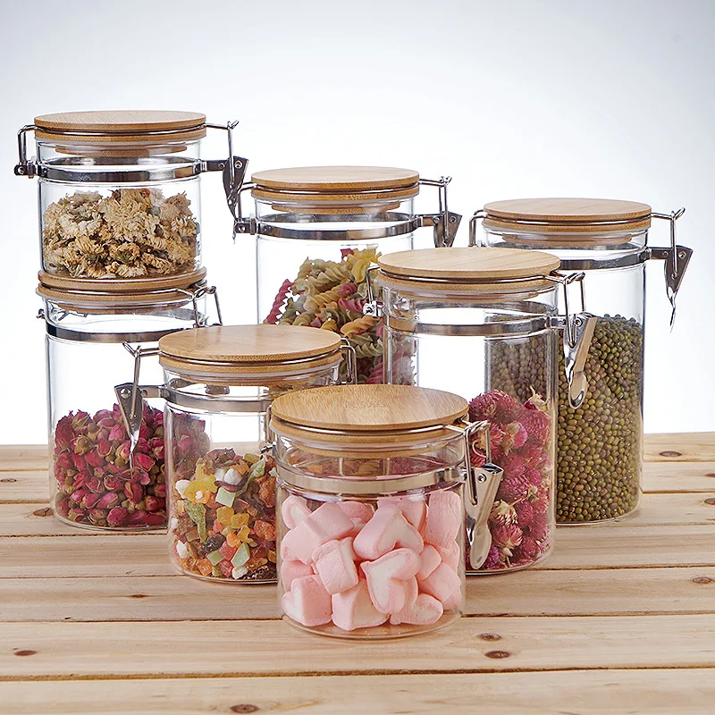 

Food Grade Honey Candy Cookie Food Glass Storage Jars With Airtight Bamboo Lid, Customized