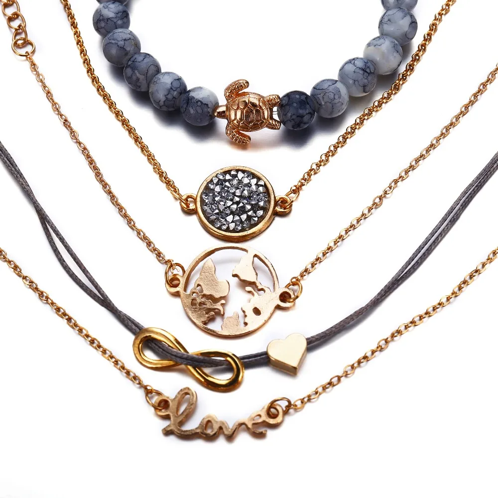Bohemian Turtle Charm Infinity Bracelets For Women Fashion Gold Color World Map Strand Bracelets Sets NS180949