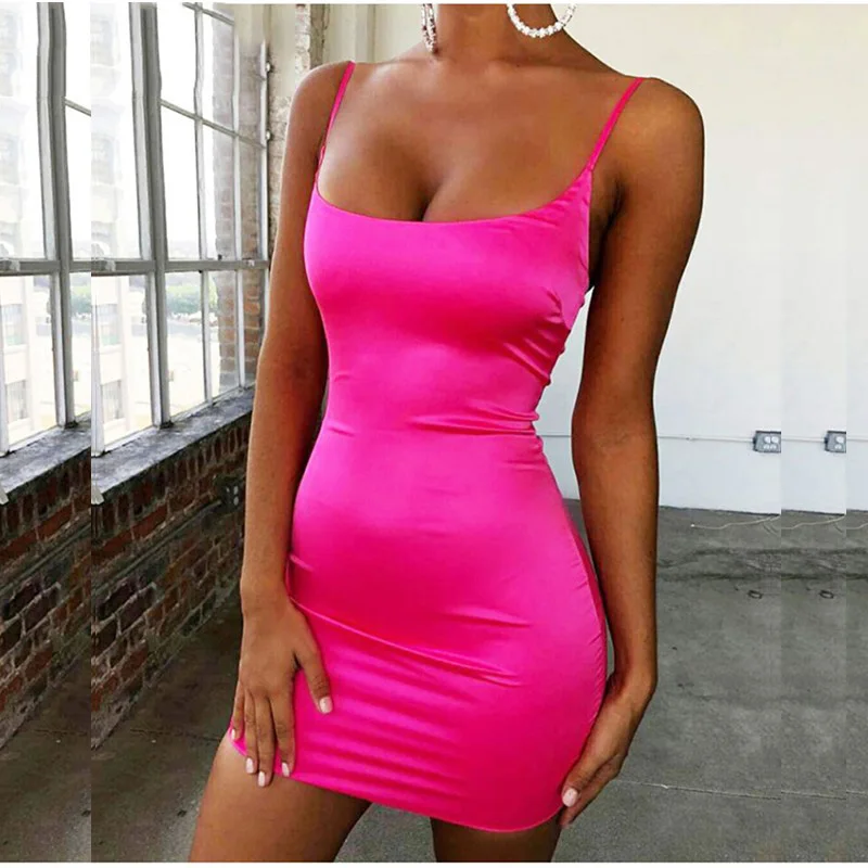 

Stretch Satin Mini Dress Women Sexy Straps Slim Fit Bodycon Party Dress Neon Green Pink Dress Dual-layered Robe Femme