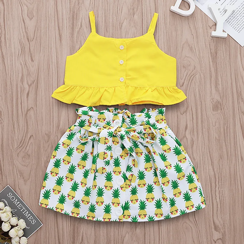 

Children Summer Sing Strap Twill T-shirt Pineapple Print skirt clothing set baby girl summer Bow Skirt Two-piece Outfits, As picture