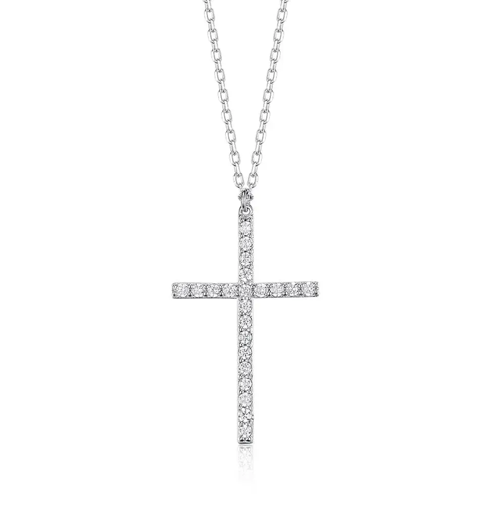 Men 925 Sterling Silver Diamond Cross Pendant Necklace