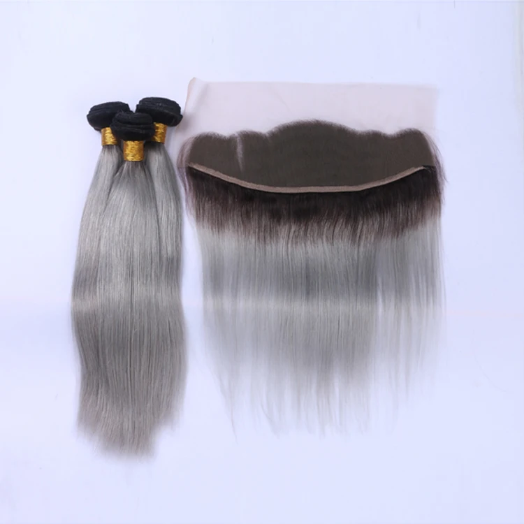 

Straight brazilian hair bundles with closure silver gray ombre human hair weave