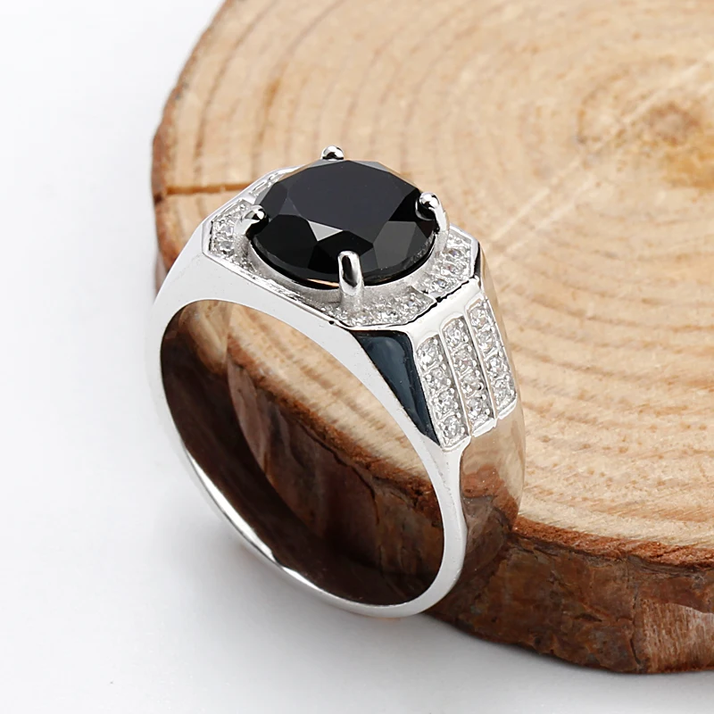 

Wholesale Trendy 925 Sterling Silver Men Ring Black Stone with Small Cubic Zircon,Fashion Gemstone Rings For Men Women Jewelry, White gold/rhodium plated