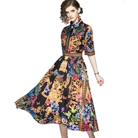 

Wholesale In Stock Europe and America Women Fashion Half Sleeve Vintage Royal Pattern Print Bow Knot Neck Long Dress