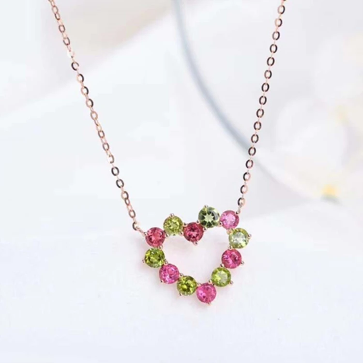 

wholesale newest minimalist colorful gemstone jewelry 18k gold 3mm natural tourmaline heart pendant necklace women