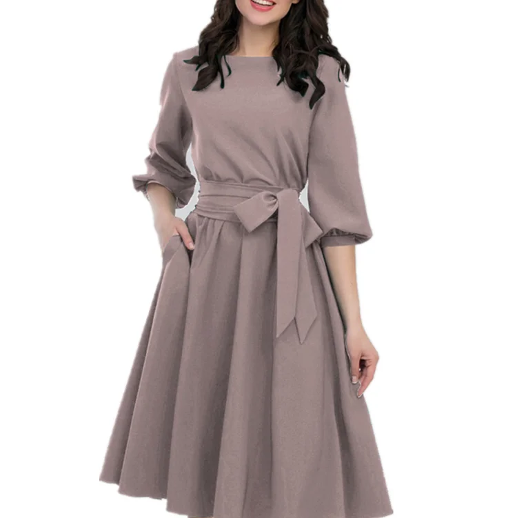 

Solid Color Round Neck Slim Vintage Dress Casual Elegant Vintage Evening Dress, Customized
