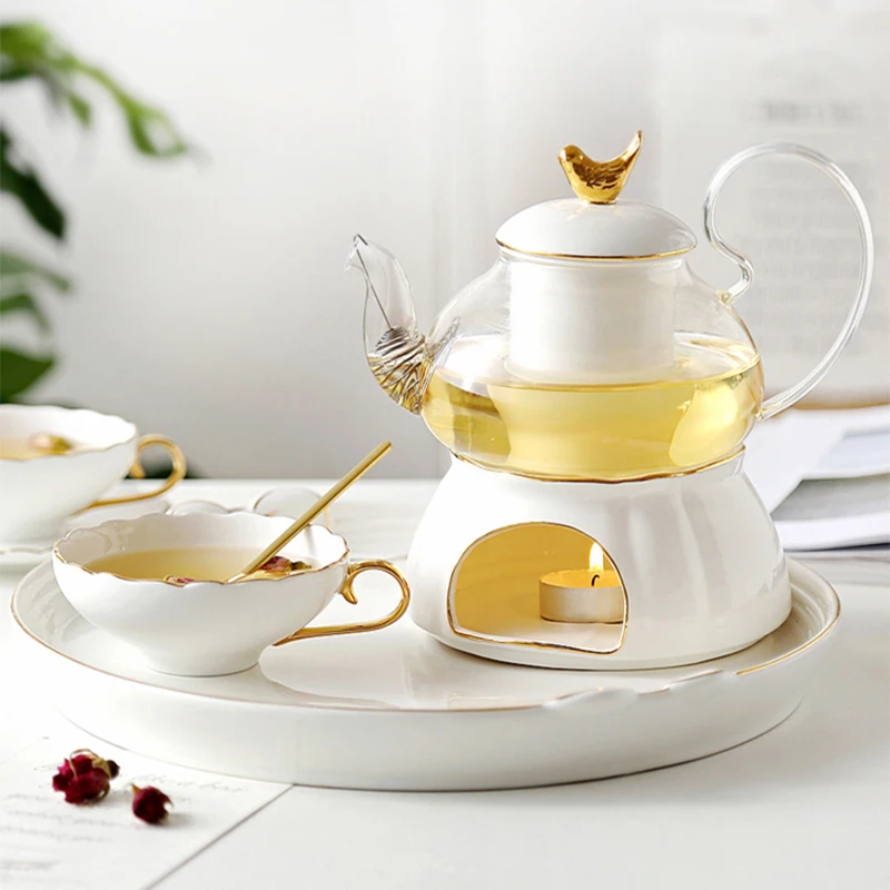 

Japanese Bird British Afternoon Tea Ceramic Glass Flower Teapot Set Candle Heating Warm Coffee Furnace Black Camellia Teapot