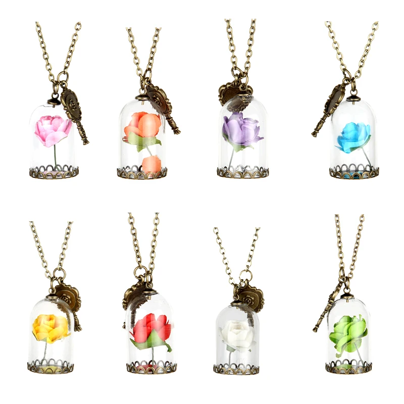 

Beauty and The Beast Enchanted Rose Flower in Bottle and Mirror Pendant Necklace, Bronze