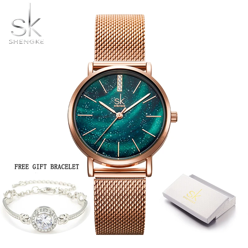 

Shengke 0103 Charm Dress Ladies Luxury Stainless Steel Crystal Aurora Starry Dial Women Quartz Watch free Bracelet With Gift Box