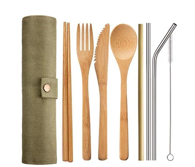 

Portable Travel Cutlery Set fork Knife Fork Spoon Chopsticks and Straws Reusable Bamboo tableware, Customized