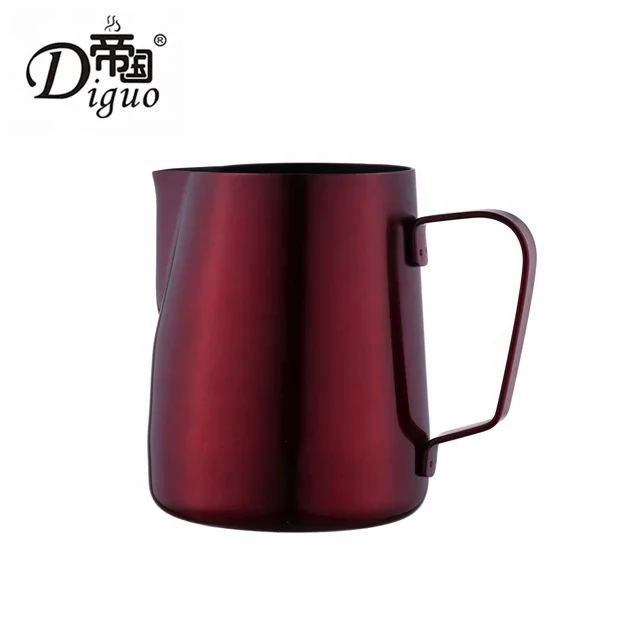 

Diguo 350ml 12Oz Different Size Red Color Manual Olecranon Stainless Steel Pull Flower Espresso Milk Jug Garland Cup