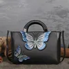 Quality Designer Handmade Blue Butterfly Handbag Women First Layer Genuine Leather Tote Handle Bag with Wooden Handle