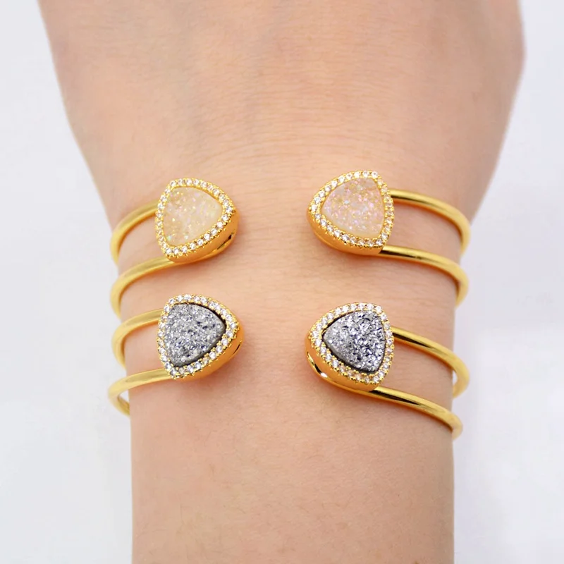 

Vintage triangle druzy Stone Open Cuff Bangles Golden Adjustable Sparkling Zircon Charm Bracelets Bangles For Women, Gold