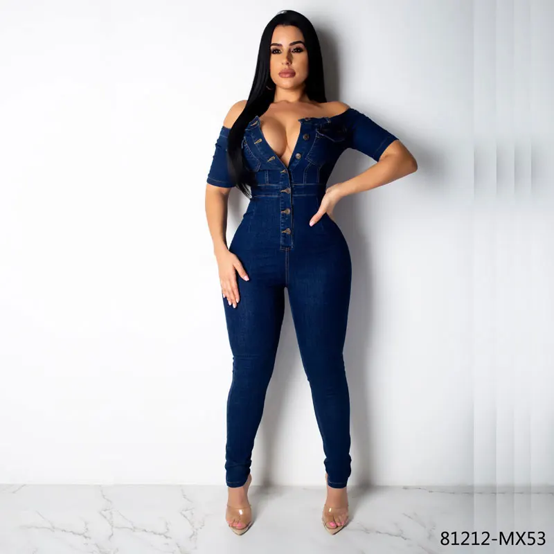 
81212-MX53 2019 new arrivals off shoulder denim jumpsuit one piece women clothing 