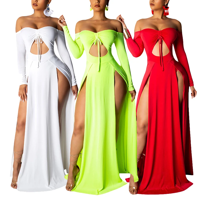 

Custom Logo Off Shoulder Printed Lace-Up Women Evening Long Sleeve Maxi Dress