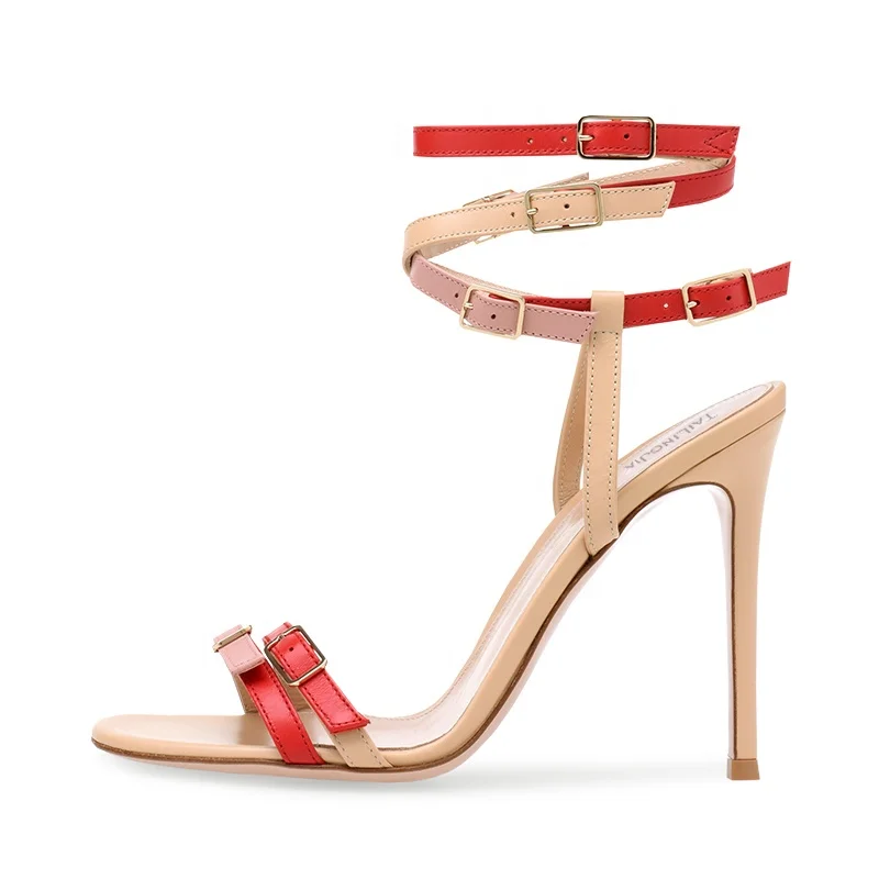 

Trendy Multi Buckle Caged Sandal Womens Stiletto Heel Sandals, White, red and white