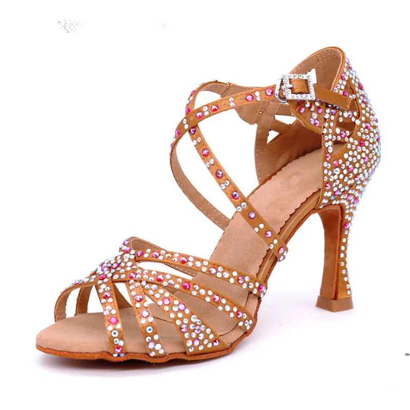 HH090 Ebay Satin Upper Rhinestone Sandals Dance Shoes Woman Shoes Heel Gold 90mm Girls Latin Dance Shoes