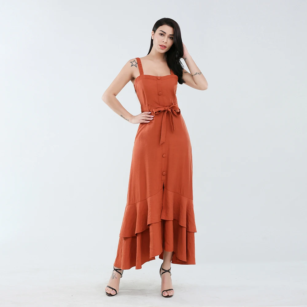 

Best Selling Products Women Halter Maxi Ruffled Button Dress, Shown