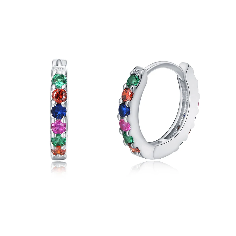 925 Sterling Silver Color Crystal Tiny Hoop Rainbow Earrings