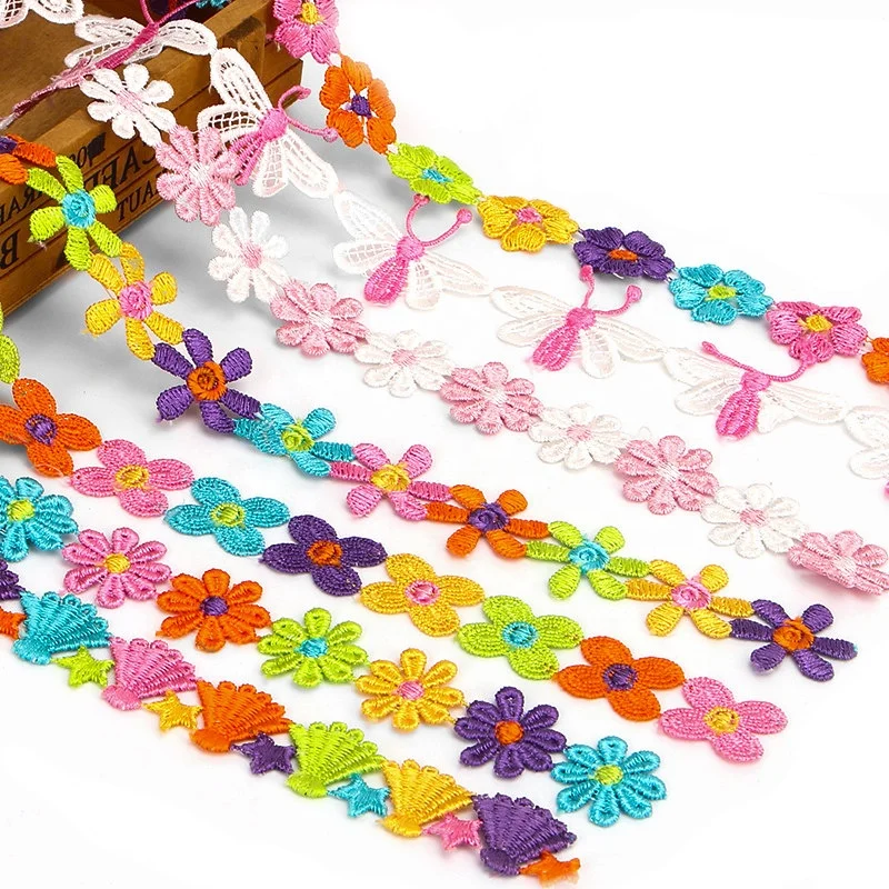 

Fashion Small Rainbow Daisy Cotton Flower Lace Trim for Dress Decoration, As the picture