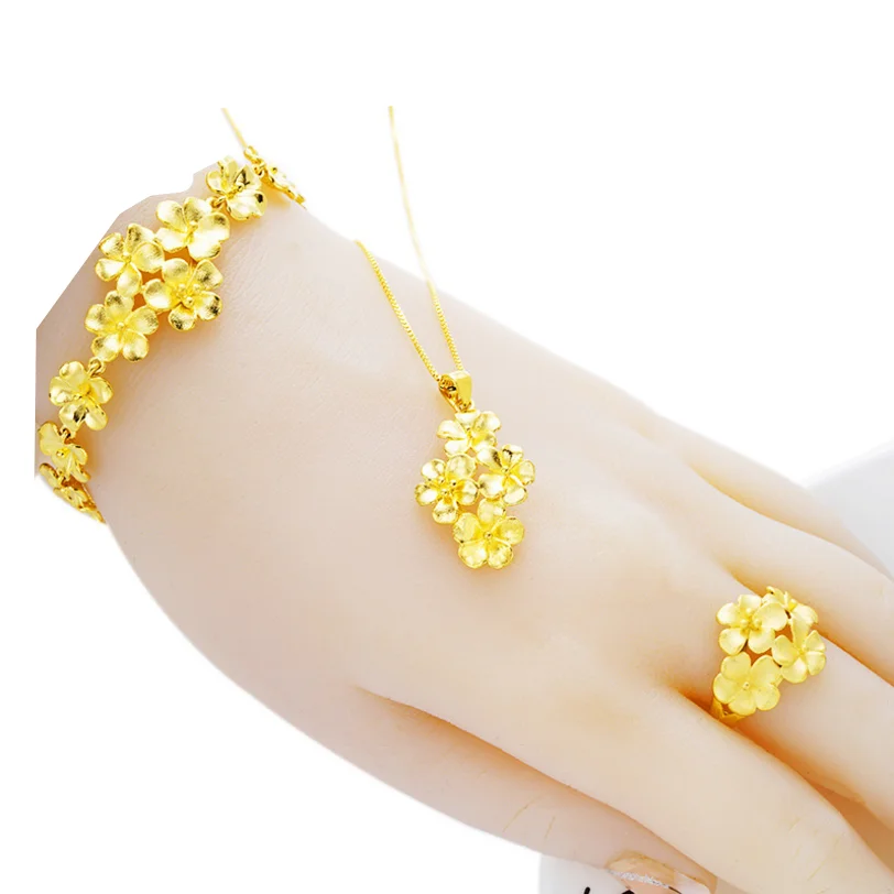 

Luxury Fashion Lady Woman Accessories Flower Gulch-gold 24K Gold Au Plated Bracelet Ring Pendant Necklace, Golden