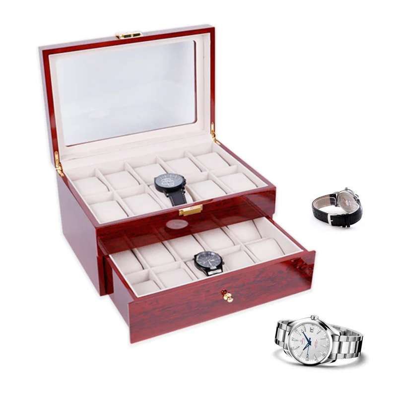 

Luxury Cherry Wood 20 Grids Watch Collection Box Display Case, Dk red