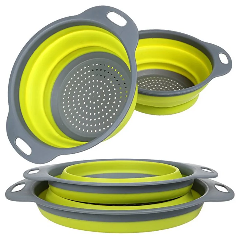

BPA Free Good Quality Plastic Collapsible Colander 2 sets, Kitchen Foldable Silicone Strainer, Red,green,blue,yellow or customized color