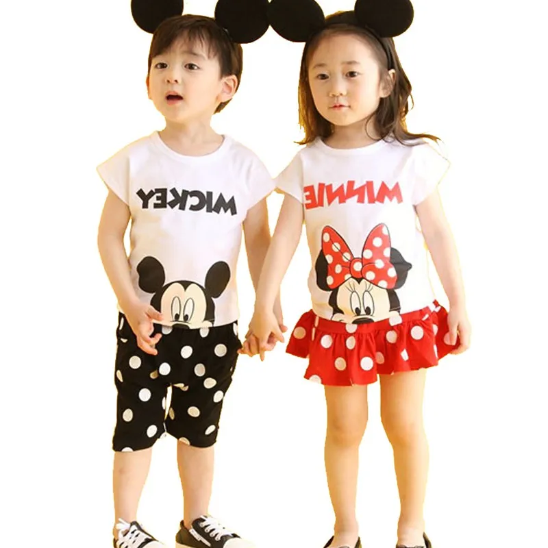 

CR072A/B summer new design little girl +brother Mickey formal dresses boy dot printing clothing set