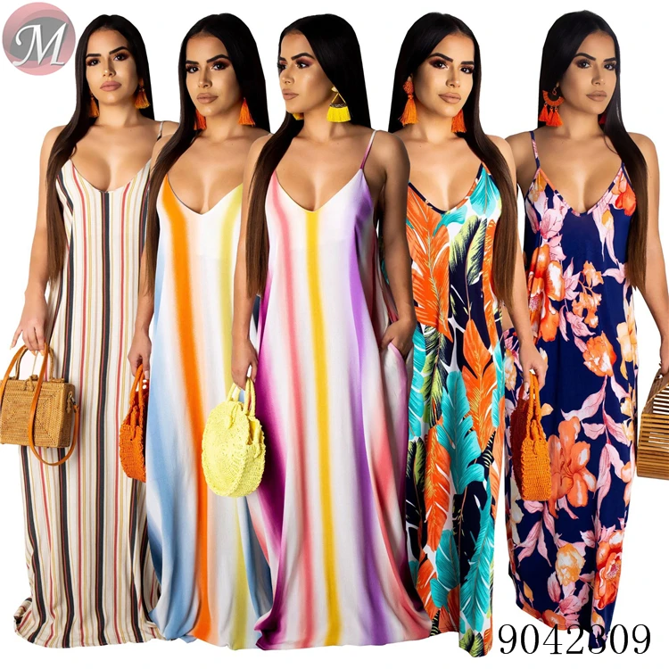 

Women Summer Fashion Loose Printed Suspender Maxi Dress Casual Dresses Knitted 100% Polyester 1 Piece/set Adults V-neck