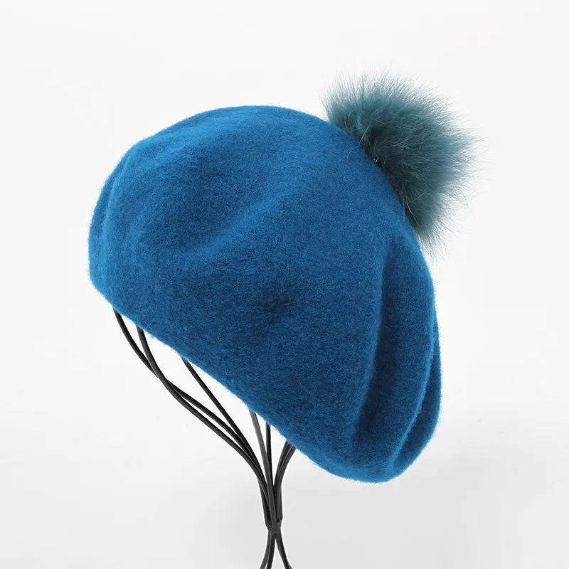 

wholesale wool felt women beret hat with fur pom pom