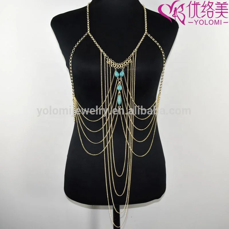 

2019 New Design Body Chain Bikini Body Jewelry Harness Slave Body Necklace Jewelry Yiwu Factory YMBD1-119, Gold & silver
