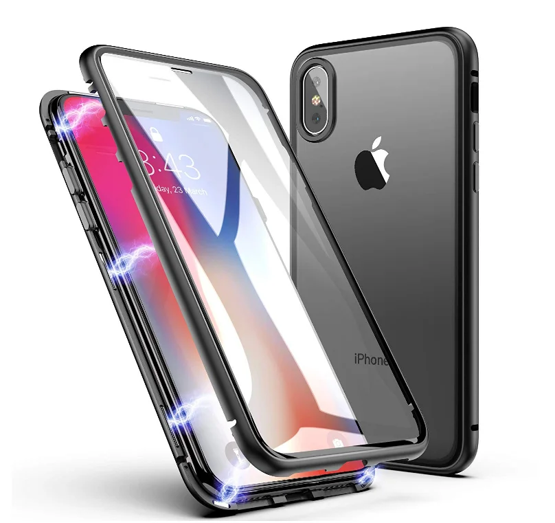 

Magnetic Aluminum Bumper 9H tempered glass back cover case for iphone X 8 8plus Magnetic adsorption phone case