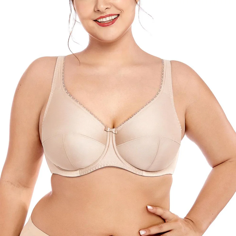 

Full Figure Underwire Unlined Bra Plus Size Firm Support Breathable Full Coverage Cotton Bra, White,black,red,purple