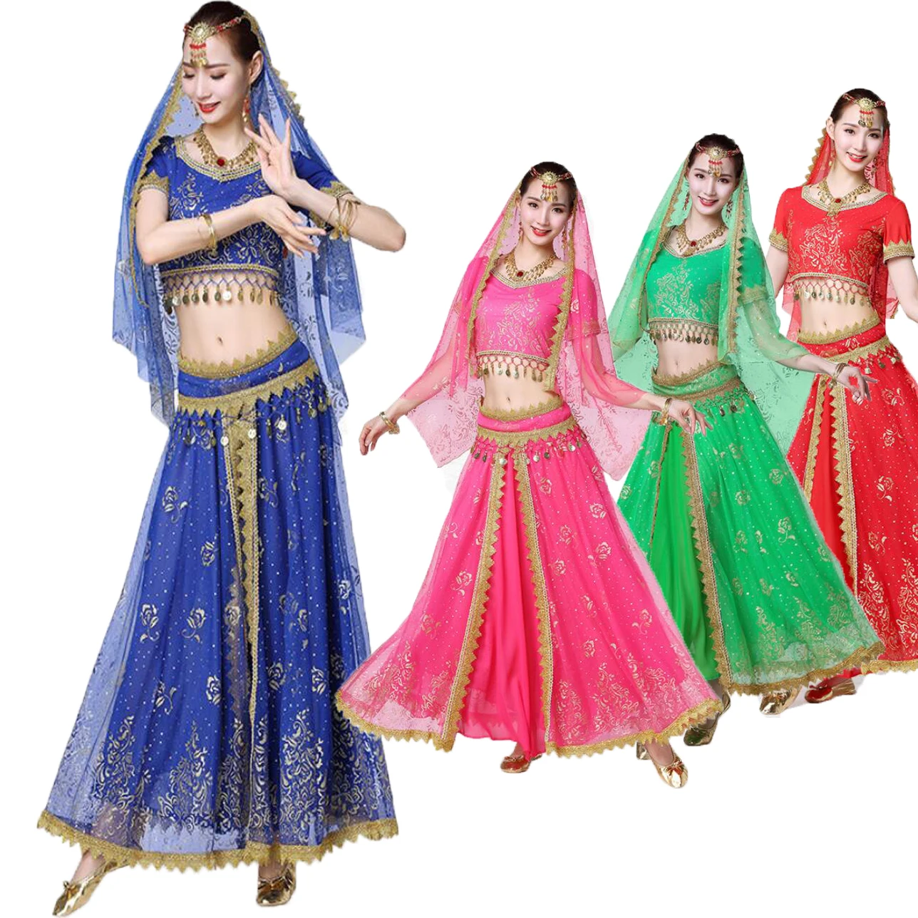 

2019 Hot Sale Women Belly Dance Performance Costume Bollywood Dress exercise Outfit Set, Red;dark blue;green and fushia