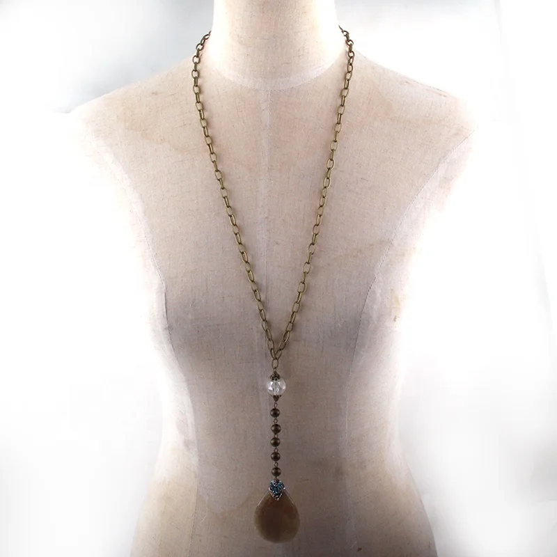 

Natural stone Drop Pendant Necklace ,Bronze Chain Necklace, Women Crystal Necklace Bohemian Jewelry, Different