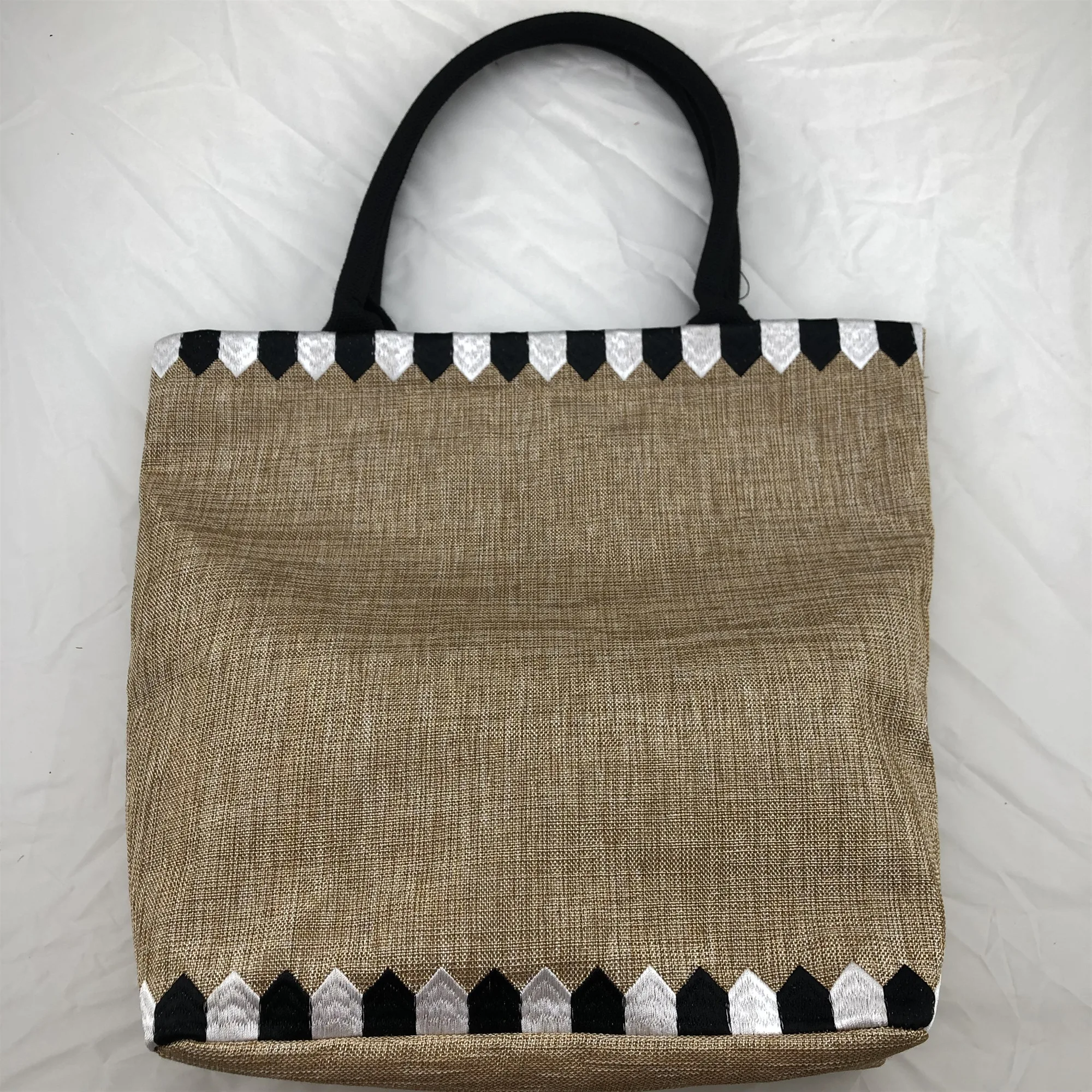 

Factory new embroidered fabric simulate jute material polyester tote shopping bag, Custom made