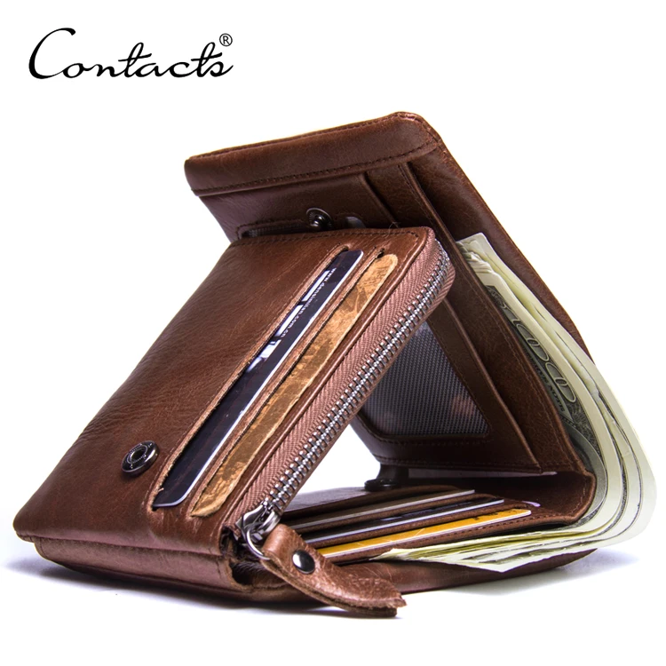 

Contact's Factory Wholesale Crazy Horse Leather Trifold RFID Blocking Zipper Pocket Genuine Leather Coin Card Men Purse, Coffee or customized