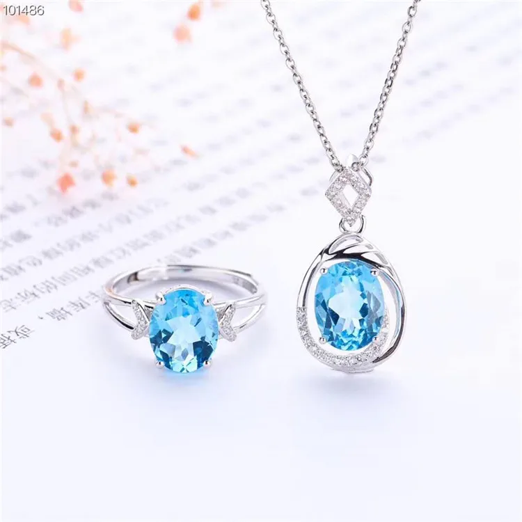 

gemstone jewelry factory wholesale S925 plated natural blue topaz necklace pendant ring elegant jewelry set for women