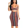 Mini V collar Top and Skirt 2 Piece sets Rainbow Striped Halter Sexy Dress Women Bodycon
